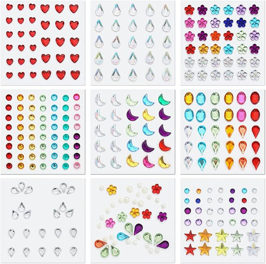 9 Sheets Festival Face Gems Stick on, Self-Adhesive Jewels Stickers Quick Dry Make Up Diamonds Rhinestones for Makeup, Nail Gems for Eye Arm Body Hair Craft Decoration Party (Multicolored)