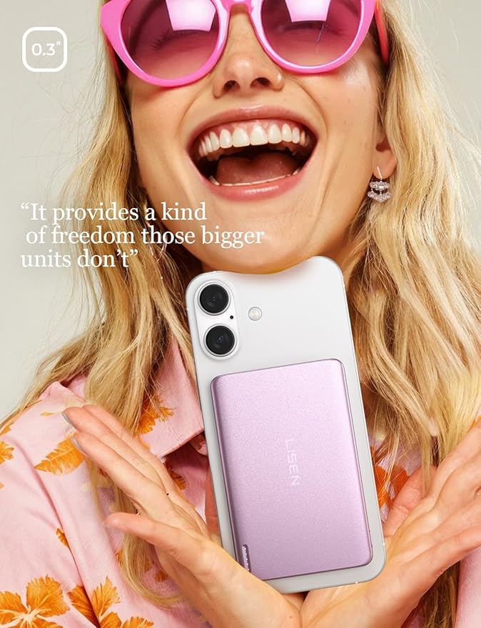 LISEN 0.3‘’ Ultra Slim MagSafe Portable Charger iPhone,Alloy 5,000mAh Wireless Charge Card Phone Charger,Slim MagSafe Battery Pack,Magnetic Power Bank for iPhone 16e Pro Max/15/14/13/12,Pink
