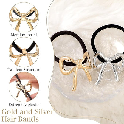 4 Pcs Bowknot Hair Ties for Women Elegant Gold Silver Bow Ponytail Holder Metal Elastic Hair Scrunchies Cute Rubber Bands Hair Ropes for Girls Thick Thin Curly Hair Styling Accessories