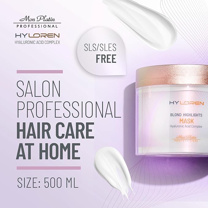 Mon Platin HY Loren Blonde Highlights Mask with Hyaluronic Acid - 500 ml Premium Blonde Hair Mask to Neutralize Yellow and Orangey Tones - Treatment to Repair, Restore, Soften, and Strengthen Hair