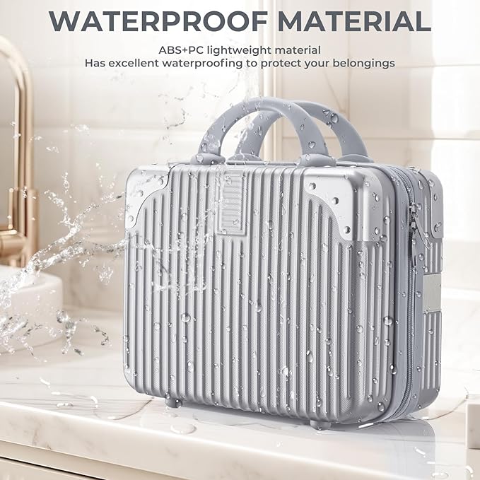 Noverlife 14 Inch Hard Shell Cosmetic Case, Small Hard Case Makeup Travel Case with Elastic Band ABS Carrying Suitcase, Mini Carrying Makeup Suitcase Small Travel Hand Luggage Organizer - Silver