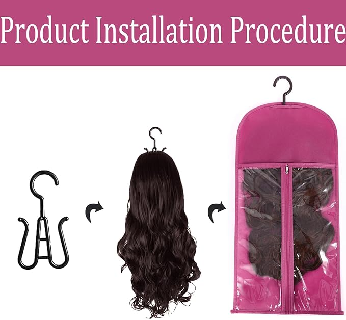3PCS Rose Pink Wig Hanger - Multiple Wig Holder with Dust-proof Storage & Hooks for Hair Extensions & Accessories