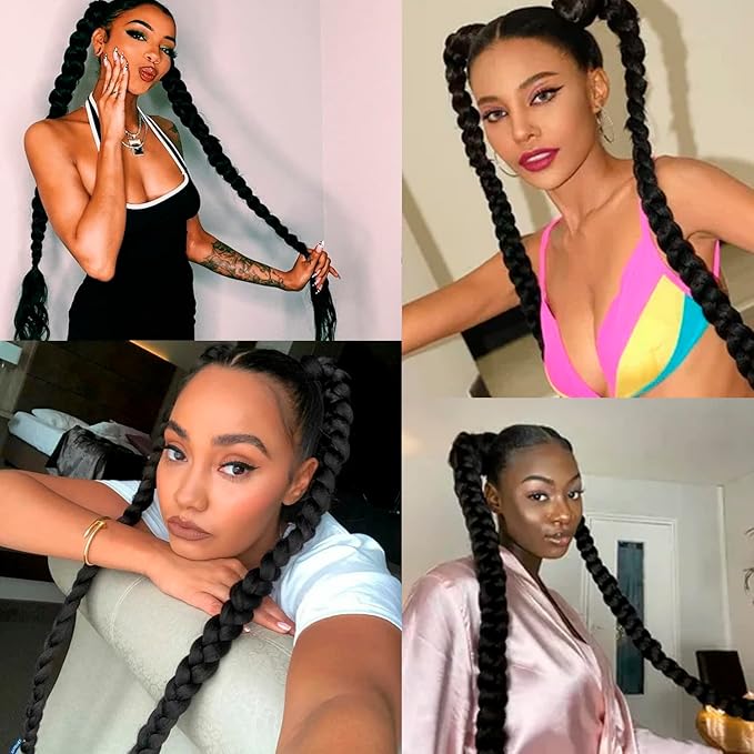 2 Pack Long DIY Braided Ponytail Extension with Hair Tie Straight Wrap Around Hair Extensions Ponytail(1B#)