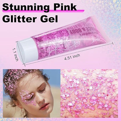 Pink Body Glitter Gel,Singer Concerts Lover Heart Face Glitter Gel,Face Body Chunky Glitter Makeup for Festivals,Raves,Anime Cosplay - Safe for Face 50ml