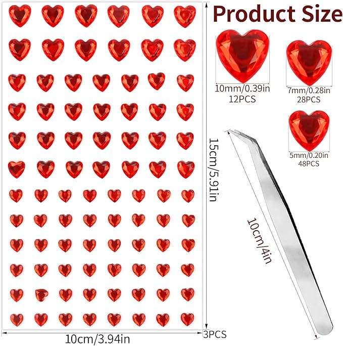264Pcs Heart Face Gems Love Gems, Self-Adhesive Face Jewels Rhinestones 5/7/10 mm DIY Face Gems Stick on, Valentine Makeup Gems Rave Accessories for Face Eyes Hair Makeup Body, Crafts (red)
