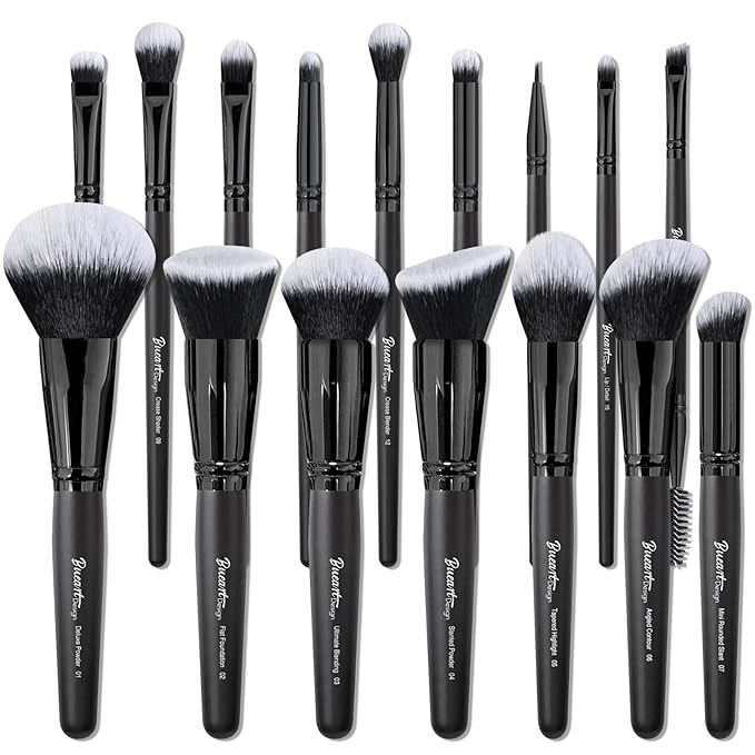 Bueart Design 19Pcs ULTRA SOFT Black labeled DENSE HAIR Makeup Brushes set Contains large powder Flat Foundation Ultimate Blending Make up Brush set Blush Face Brush Concealers contour Eyeshadow
