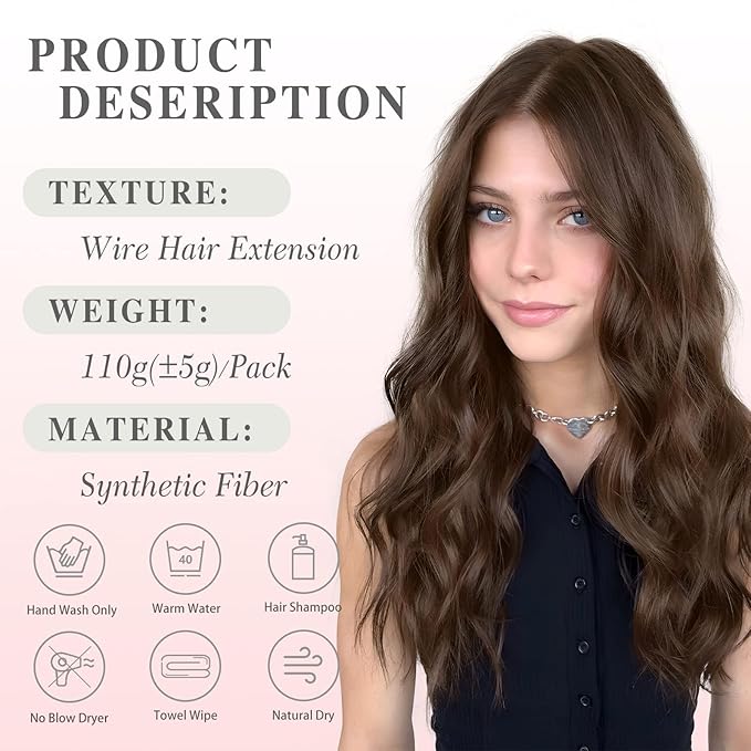 MORICA Halo Hair Extensions 20 Inch Medium Brown Invisible Wire Hair Extensions,Long Wavy Synthetic Hairpiece with Transparent Wire Adjustable Size, 4 Secure Clips for Women