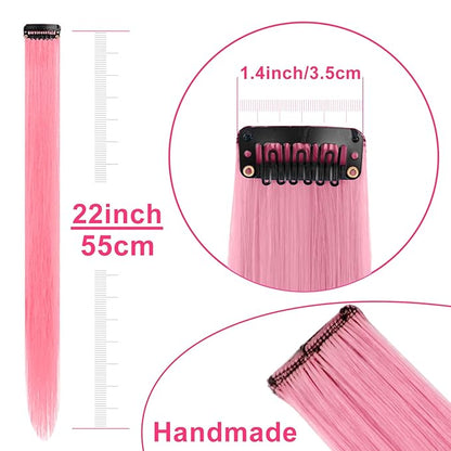 22 inch Colored Hair Extensions Straight Hairpiece, Multi-colors Party Highlights Clip in Synthetic Hair Extensions for Kids Women Gift(10 PCS Pink)
