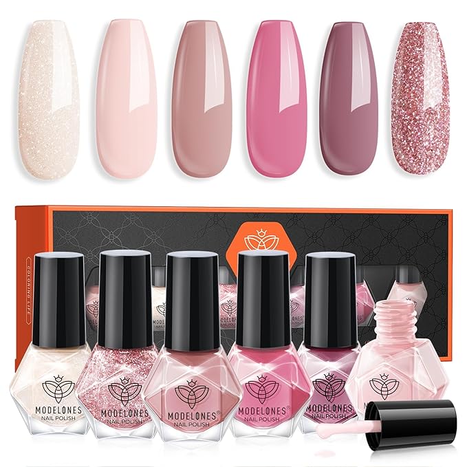 modelones Nail Polish Set 6 Colors, Milky White Pink Mini Nail Lacquer Kit Shimmer Nude Light Creamy Pink Glitter Violet Red Quick Dry Nail Art, DIY Home Travel Salon Manicure Gift for Women Girls
