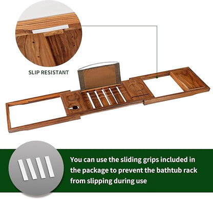 VaeFae Premium Teak Bathtub Tray, Expandable Wooden Bath Tray for Tub, Luxury Bathtub & Bathroom Accessories, Great House Warming, Anniversary & Wedding and Birthday Gifts (Free Teak Body Brush)