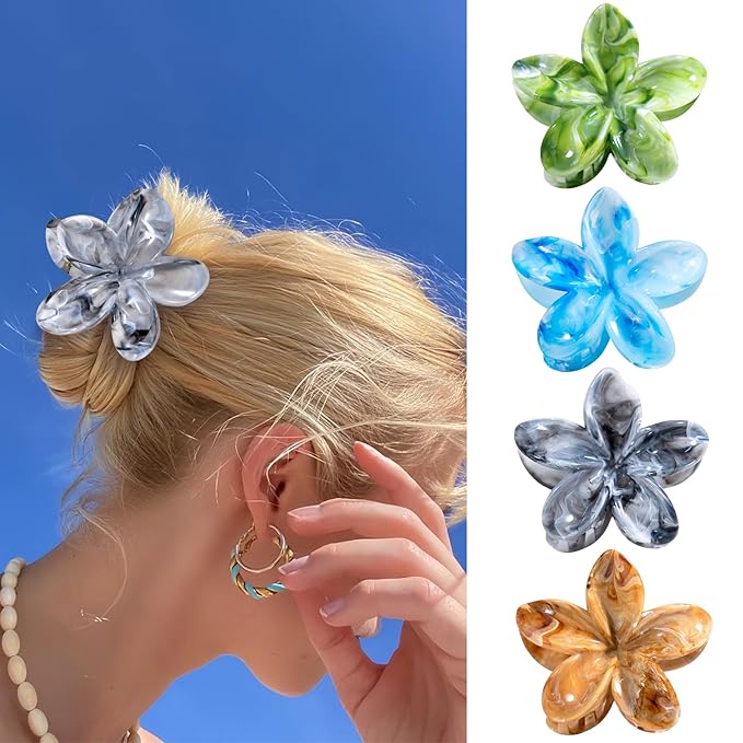Flower Claw Clips, 4PCS Hawaiian Plumeria Flower Hair Clips, Artistic Multi Color Smudge Pattern Barrettes, Beach Tropical Hair Accessories for Women and Girls, Color G
