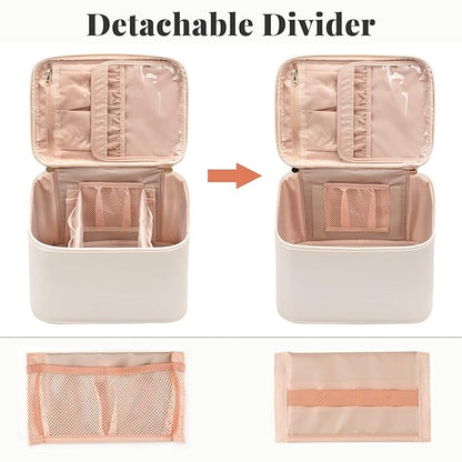 OCHEAL Makeup Bag, Portable Cosmetic Bag, Large Capacity Travel Case Organizer, Makeup Bags For Women Toiletry Bag for Girls Traveling With Handle and Divider- Beige Large