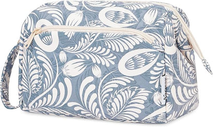 Narwey Women Makeup Bag Wide-open Make up Bag Travel Cosmetic Organizer Toiletry Bag for Cosmetics Toiletries Accessories (Blue Leaf)