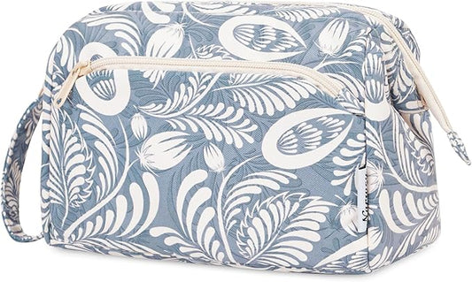 Narwey Women Makeup Bag Wide-open Make up Bag Travel Cosmetic Organizer Toiletry Bag for Cosmetics Toiletries Accessories (Blue Leaf)