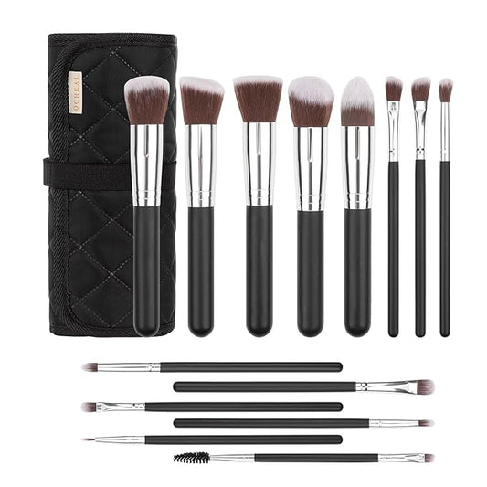 OCHEAL Makeup Brush Set with Holder & Travel Pouch | Professional Makeup Brush Organizer Kit for Women & Makeup Artists | Includes 14-Piece Cosmetic Brushes and Storage Case-Black