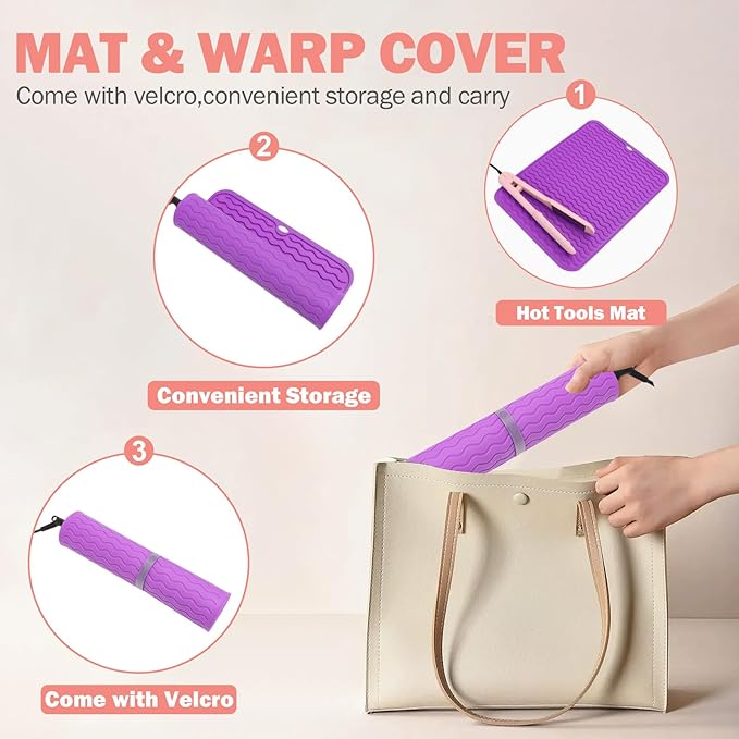 Oversize Silicone Heat Resistant Mat for Curling Iron, Hair Straightener, Flat Irons and Hot Hair Styling Tools, Portable Wrap Cover with for Home Travel Gym Salon(14.2" x 11") (Purple)