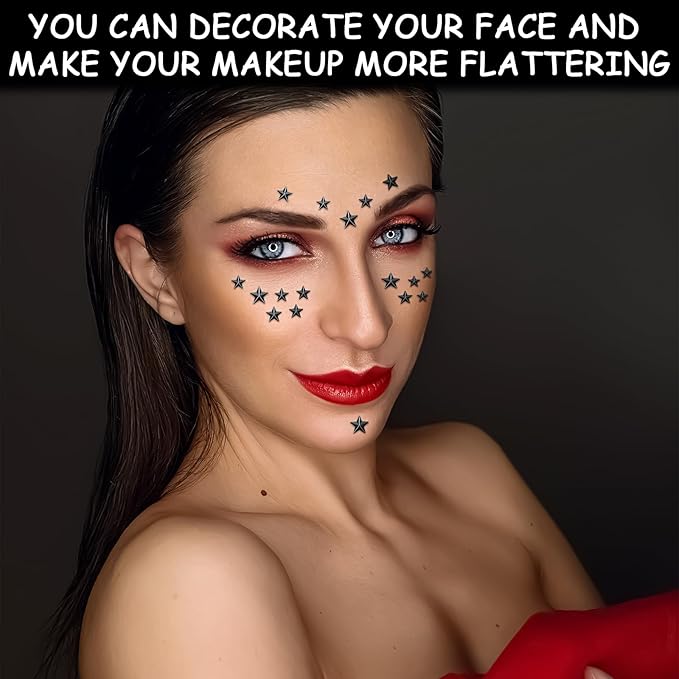 264Pcs Star Face Gems Eye Gems, Self-Adhesive Face Jewels Rhinestones 5/7/10 mm DIY Face Gems Stick on, Patriotic Makeup Gems Rave Accessories for Face Eyes Hair Makeup Body, Crafts (Black-Star)