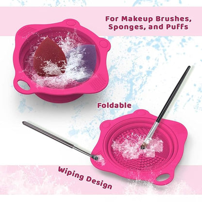 Foldable Silicone Makeup Brush Cleaner Pad Bowl, YalsFTY Portable Mat Scrubber Cleaning Tool for Makeup Brushes (Rose)