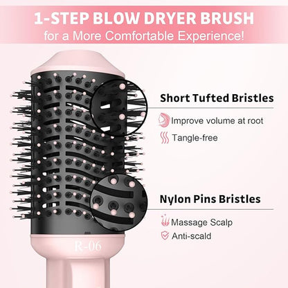 Hair Dryer Brush Blow Dryer Brush in One, 4 in 1 Hair Dryer and Styler Volumizer with Oval Barrel, Professional Salon Hot Air Brush for All Hair Types, Bright Pink