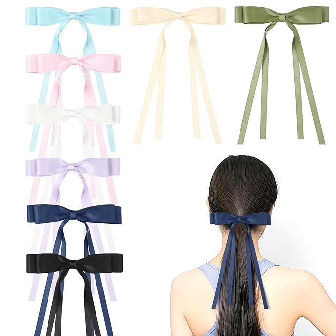 10 PCS Satin Hair Accessories: Double Hair Ribbon Ponytail Holders, Metal Hair Clips and Bows for Women and Girls in Black and White