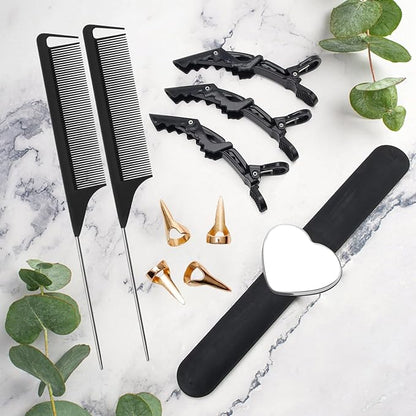 17 Pieces Hair Parting Tools Set Heart, Included 8P Hair Parting Ring 2P Metal Rat Tail Comb 6P Hair Sectioning Clip with 1P Magnetic Wrist Sewing Pin Holder for Braiding (Black)