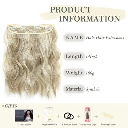 MORICA Invisible Wire Hair Extensions - 14 Inch Halo Hair Extension Long Wavy Synthetic Hairpiece with Transparent Wire Adjustable Size, 4 Secure Clips for Women (Ash Blonde Mixed Light Blonde,14Inch)