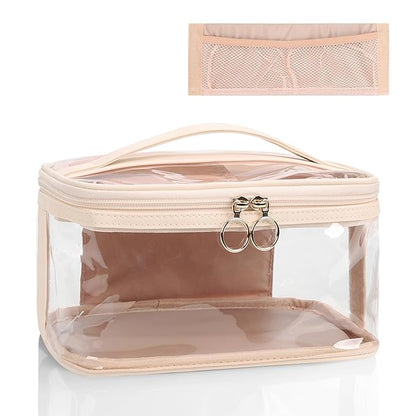 OCHEAL Makeup Bag, Clear Makeup Organizer Bag Portable Cosmetic Bag, Cute Transparent Case For Women and Girls traveling Storage with zipper Divider Brush Compartment-Clear Beige white