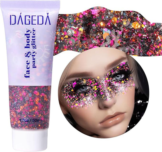 DAGEDA Halloween Body Glitter Gel, Face Glitter Body Gel Sequins Shimmer, Halloween Decor Makeup Chunky Glitter for Face Hair Nails, Holographic Cosmetic Laser Powder Festival Glitter Makeup 50ml