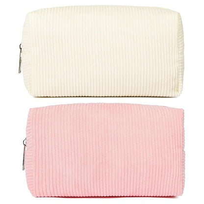 2 Pieces Makeup Bag Corduroy Cosmetic Bag White Pink Makeup Pouch Travel Toiletry Bag Organizer Cute Makeup Brushes Storage Bag for Women