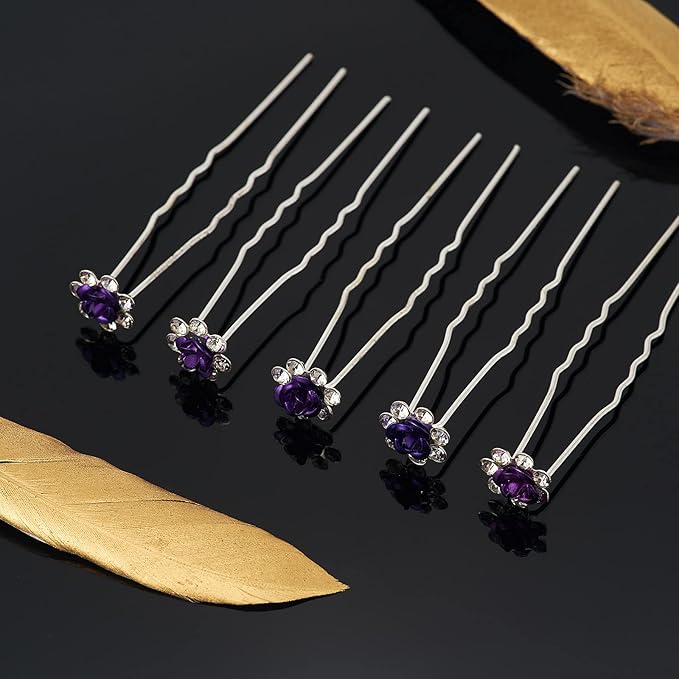 20 Pack (Purple) Crystal Hair Pins Rose Flower Rhinestone Hair Clips for Bridal Wedding Women Hair Jewelry Accessories, with Clear Container