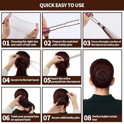 Teenitor Hair Accessories Hair Net Set, Includes 40pcs Invisible Hair Nets for Ballet Recital & 80pcs Bobby Pins for Bun Maker, Brown, 3 Size