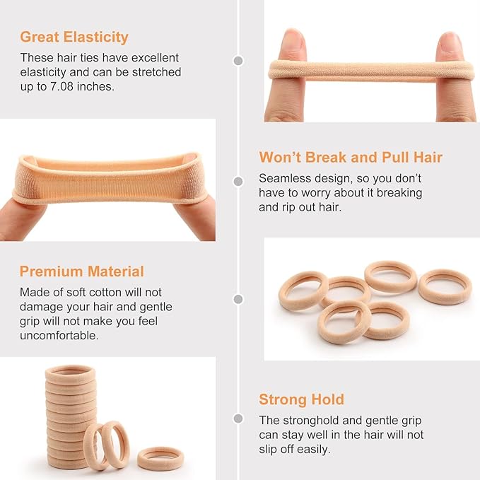 100 Pcs Thick Seamless Tan Hair Ties, Ponytail Holders Hair Accessories No Damage for Thick Hair (Light Blonde Colors)