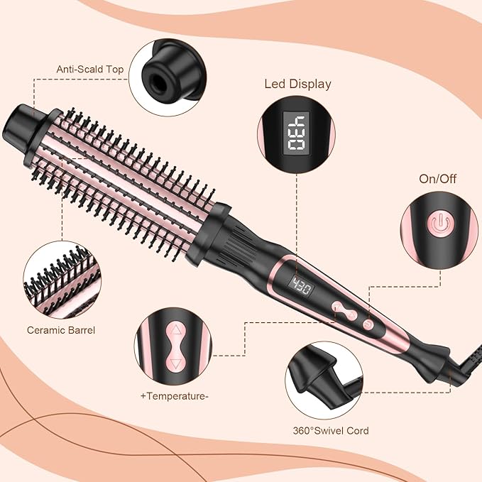 1.5 Inch Thermal Brush for Blowout Look, Heated Round Brush with Dual Voltage & Adjustable Temperature, Smooth & Voluminous Curls, Travel-Friendly Hair Styling Tool (Rose Gold, 1.5 inch)