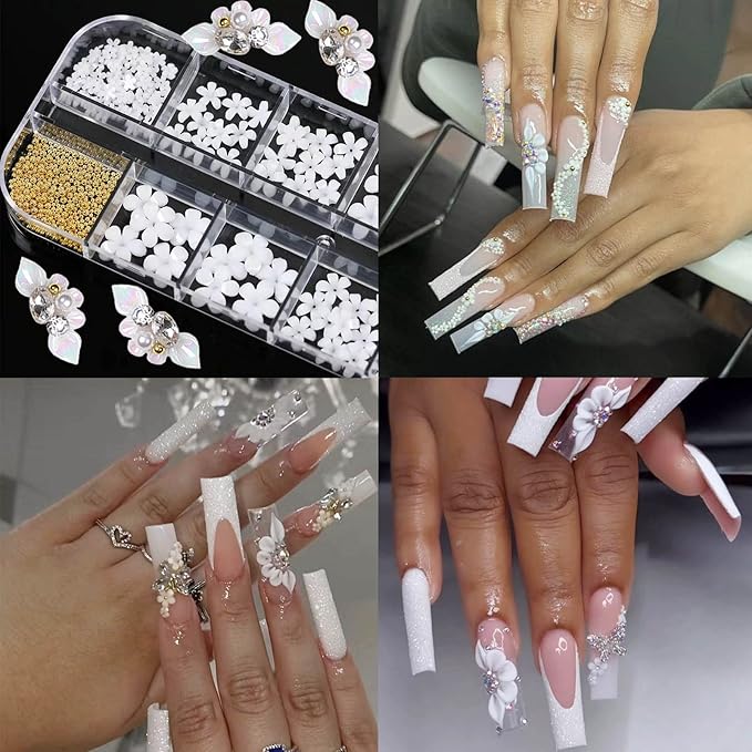 Nail Art Charms 3D Flower Nail Charms for Acrylic Nails White Gold Nail Art Supplies Luxurious Gems Rhinestones Pearls Design Nail Accessories for Women and Girls Nail Decorations.