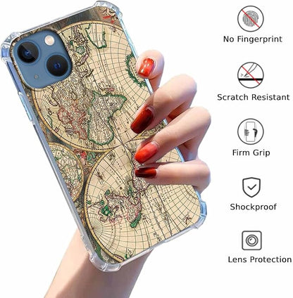 Case for iPhone 15 with Retro Art Design,Aesthetic Vintage World Map Pattern,Trendy Soft TPU Bumper Phone Cover(15,Map)