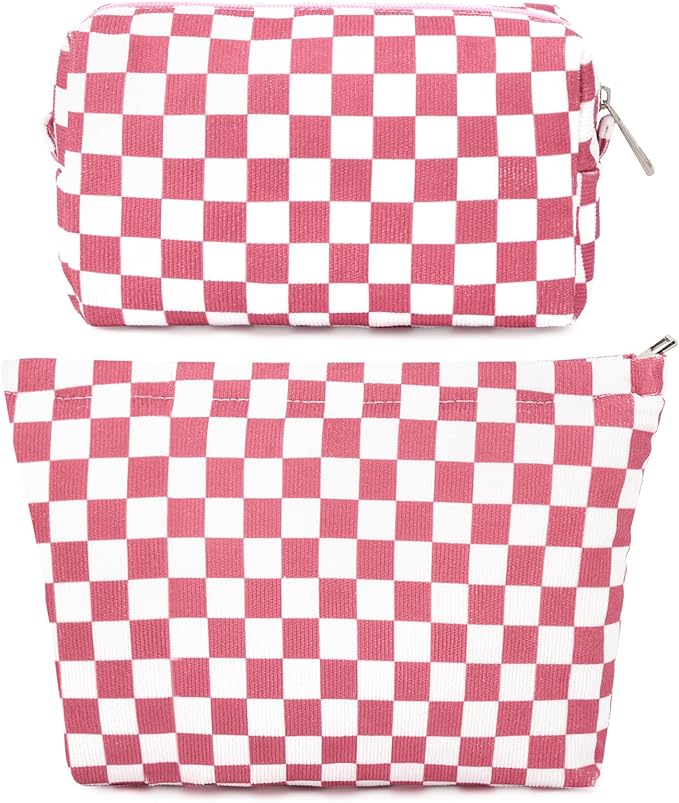 2 Pcs Checkered Makeup Bag Large Cosmetic Bag Toiletry Bag Makeup Pouch Travel Bag Organizer Cute Makeup Brushes Aesthetic Accessories Storage Bag for Women Peach Pink