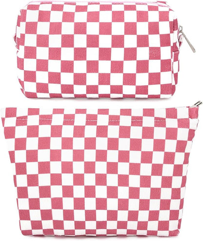 2 Pcs Checkered Makeup Bag Large Cosmetic Bag Toiletry Bag Makeup Pouch Travel Bag Organizer Cute Makeup Brushes Aesthetic Accessories Storage Bag for Women Peach Pink