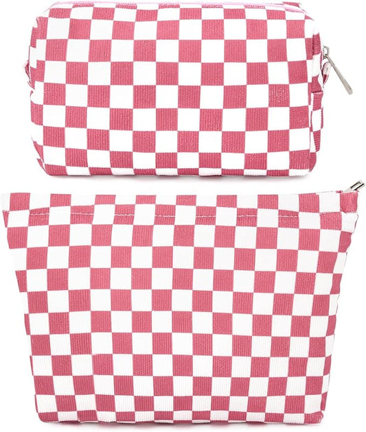 2 Pcs Checkered Makeup Bag Large Cosmetic Bag Toiletry Bag Makeup Pouch Travel Bag Organizer Cute Makeup Brushes Aesthetic Accessories Storage Bag for Women Peach Pink