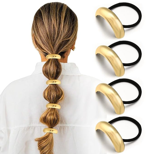 4PCS Gold Hair Ties, Metal Hair Ties for Thick Hair, Elegant Durable Round Geometric Design Hair Cuffs, Gold Hair Accessories Stretchy Non-Damage Ponytail Holders