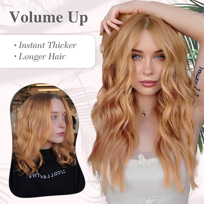 MORICA Invisible Wire Hair Extensions - 20 Inch Copper Brown Long Wavy Synthetic Hairpiece with Transparent Wire Adjustable Size, 4 Secure Clips for Women