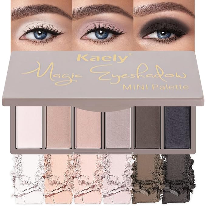 evpct 6 Colors Travel Eye shadow Palette Makeup, White Nude Pink Taupe Dark Black Natural Matte High Pigment Blendable Mini Eyeshadow Palette for Older Women, Long Lasting Waterproof, Built in Mirror