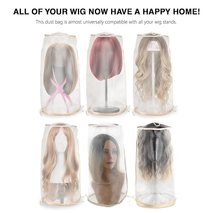 10pcs Wig Storage for Multiple Wigs Bag with Drawstring, Transparent Dust-Free Mesh Hair Extension Storage for Mannequin Head Wig Accessories (Light Golden)