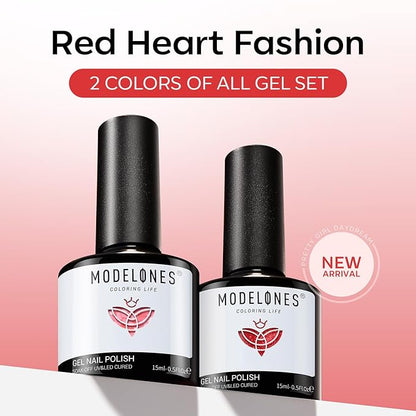 modelones Gel Nail Polish Set 2 Pcs 15 ML Pink Red Gel Polish Hot Pink Red Love-heart Glitter Gel Polish White Shimmer Pink Tones Spring Soak Off LED Nail Art DIY Gift For Women Girl