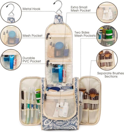 Narwey Small Hanging Toiletry Bag Women Travel Makeup Bag Organizer Toiletries Bag for Travel Size Essentials Accessories Cosmetics (Medium, Blue Leaf)