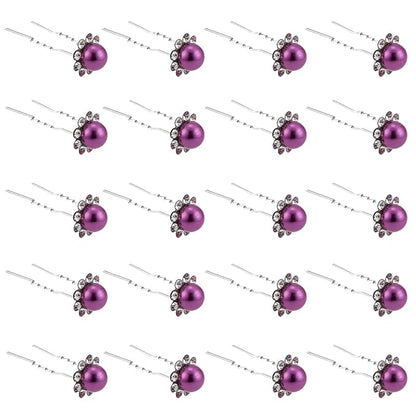 20 Pack (Purple) Pearl Crystal Hair Pins Flower Rhinestone Hair Clips for Bridal Wedding Women Hair Jewelry Accessories, with Clear Container