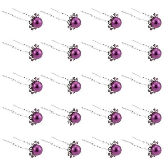 20 Pack (Purple) Pearl Crystal Hair Pins Flower Rhinestone Hair Clips for Bridal Wedding Women Hair Jewelry Accessories, with Clear Container