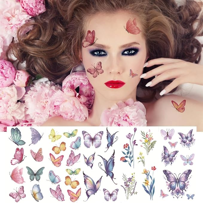 8 Sheets Butterfly Temporary Tattoos Colorful 3D Butterfly Flower Tattoos Butterfly Face Tattoos Waterproof Butterfly Stickers for Women Girls Face Eye Body Decoration Makeup Supplies
