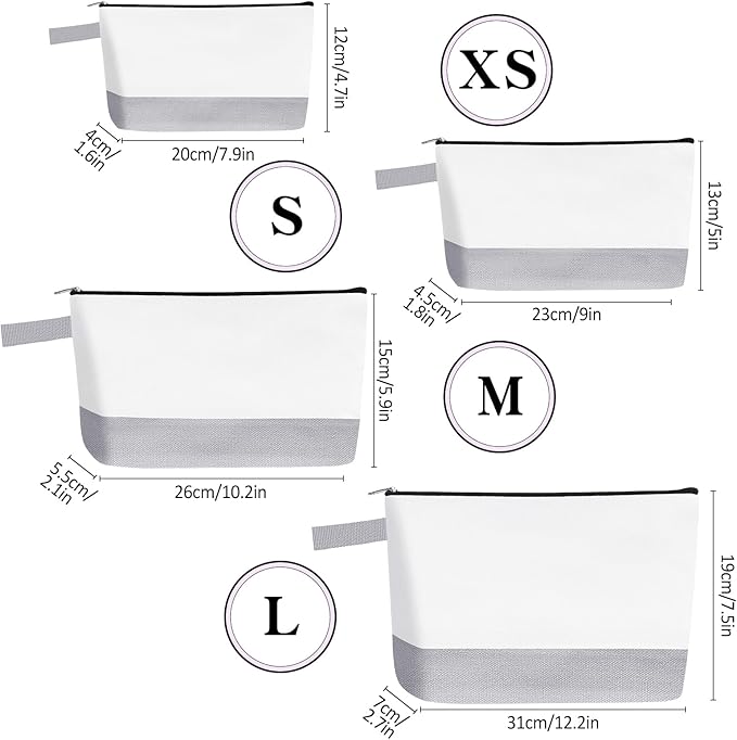 10 Pieces Cotton Canvas Makeup Bag with Bottom and Strap, Multi-Purpose Cosmetic Bag with Zipper Travel Toiletry Pouch, Blank DIY Craft Bag (White&Grey, S)