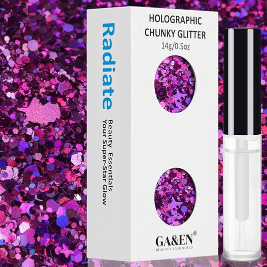 Purplish Red Holographic Chunky Glitter Cosmetic Body Hair Face Eye Nail for Festival Carnival Concert Party Beauty Rave Accessories Different Sizes&Shapes 2 Pots 14g/0.5oz+ Quick Dry Primer Glue Gel