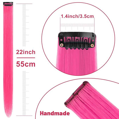 22 inch Colored Hair Extensions Straight Hairpiece, Colorful Party Highlights Clip in Long Synthetic Hair Extensions for Women Kids Girls Favor Gift(10 PCS Hot Pink)